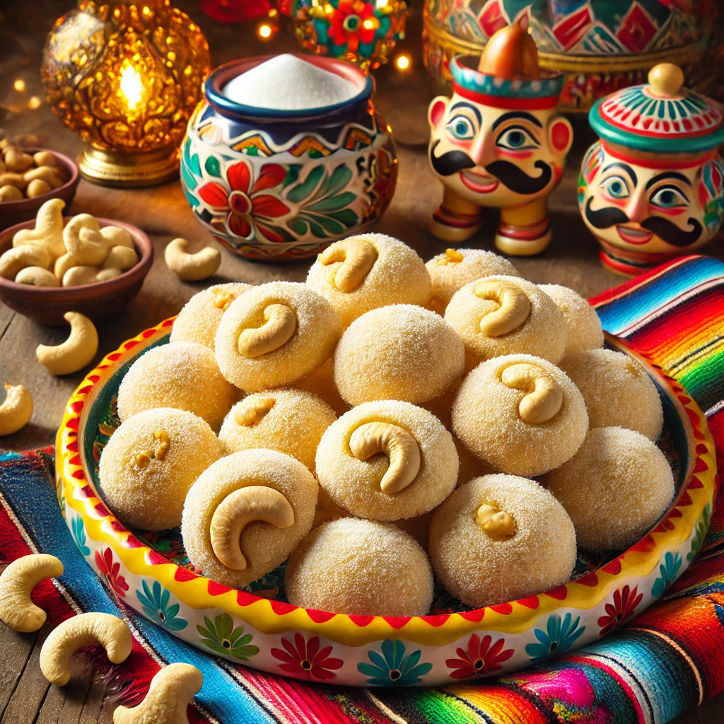 Golden, round cashew snowball cookies, coated in a layer of sugar for a snowy look, arranged on a vibrant Mexican-style ceramic plate with colorful patterns. The scene includes festive Mexican textiles, small decorative pottery, and bowls of sugar and cashews, creating a cozy holiday feel. Warm natural light highlights the golden tones of the cookies and the festive decor, making the presentation inviting and celebratory.