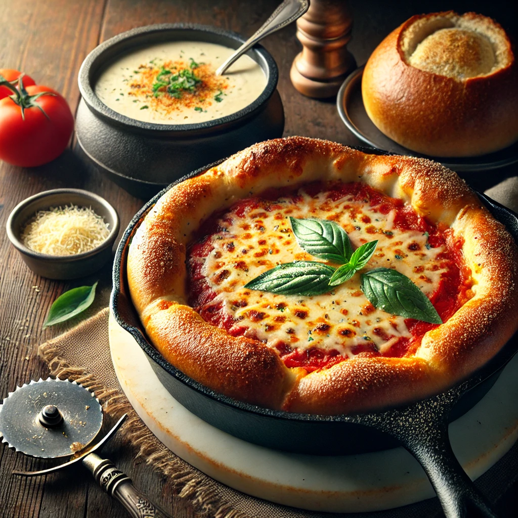 A freshly baked Cast-Iron Deep Dish Pizza with a golden, crispy crust, topped with gooey melted cheese, rich tomato sauce, and fresh basil. The pizza sits in a rustic cast-iron skillet on a wooden table, with a pizza cutter and a sprinkle of parmesan nearby. Beside it, a set of homemade Bread Bowls with a golden-brown crust are placed, one filled with creamy soup and garnished with fresh herbs. Warm, natural lighting enhances the inviting, homemade feel.
