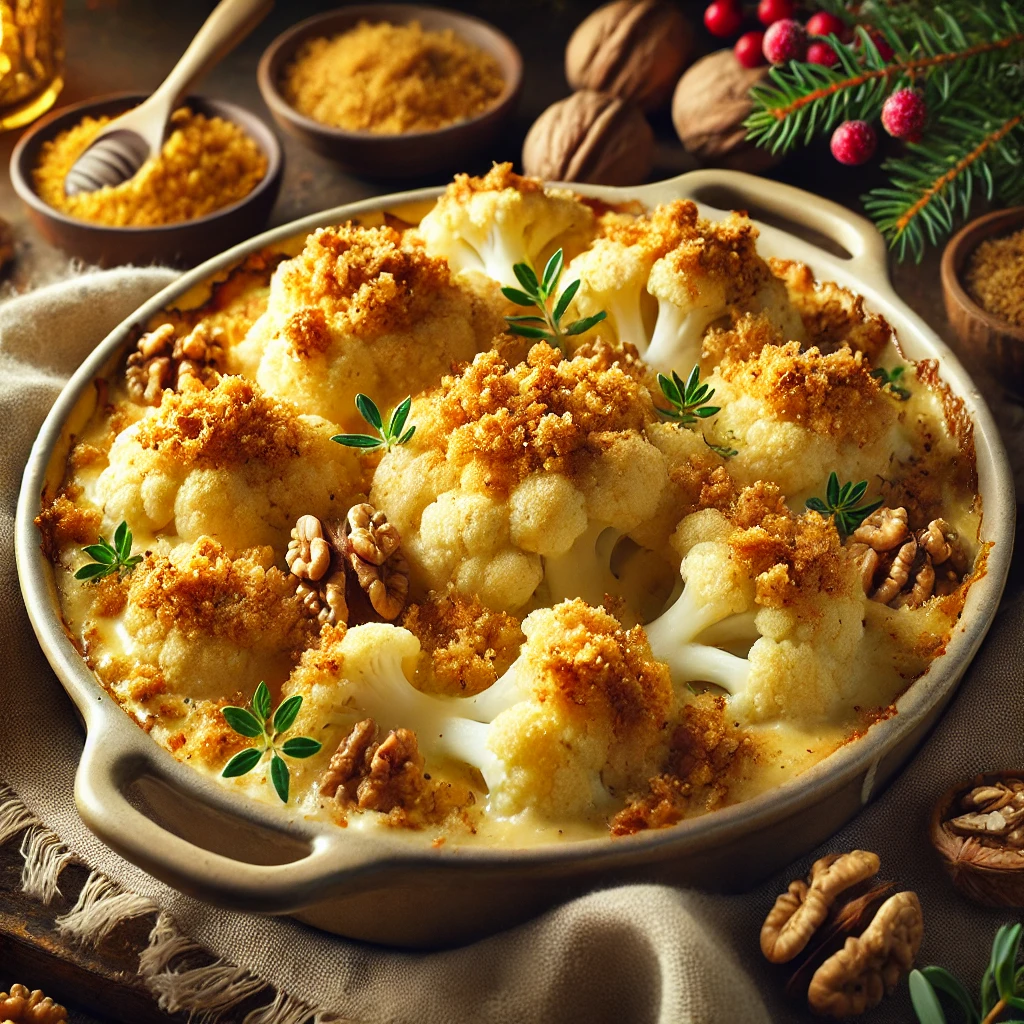 A rustic casserole dish of creamy cauliflower cheese topped with golden, chunky breadcrumbs and chopped walnuts. The tender cauliflower florets are coated in a rich cheese sauce, creating a cozy and inviting holiday side dish. The setting includes warm holiday decor, sprigs of fresh herbs, and rustic textiles, with natural lighting highlighting the golden, crunchy topping and creamy cheese texture.