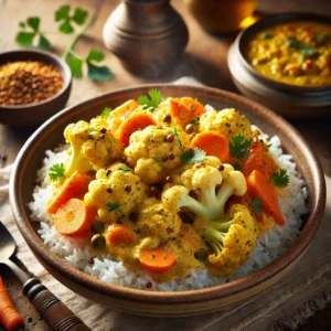 A beautifully plated dish of Cauliflower and Carrots with a Coconut Dressing, featuring tender cauliflower florets and vibrant carrot slices tossed in a creamy, spiced coconut dressing. The dish has a bright golden-yellow and orange hue, infused with flavors of mustard seeds, turmeric, and green chilies. Garnished with fresh coriander and shredded coconut, it is served in a rustic ceramic bowl. Accompanied by warm basmati rice and a side of lentil dal, the bowl rests on a wooden table with soft, warm lighting enhancing the inviting and flavorful presentation.
