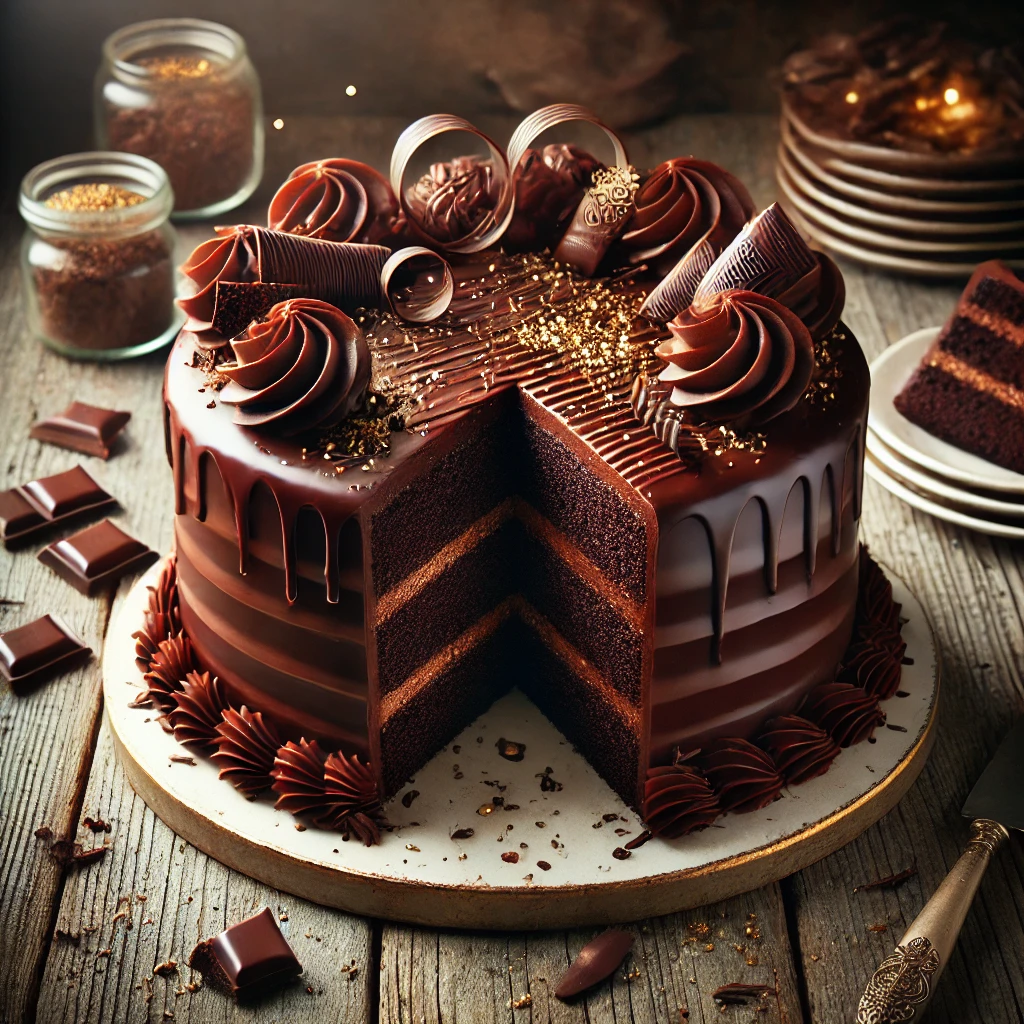 A stunning celebration chocolate cake on a rustic wooden table, featuring rich, moist chocolate layers coated in glossy chocolate ganache. The top is decorated with elegant chocolate swirls, sprinkles, and edible gold dust. A slice is cut to reveal the dense, decadent interior, with scattered chocolate shavings and confetti adding to the festive feel. Soft natural lighting enhances the deep, indulgent chocolate tones.