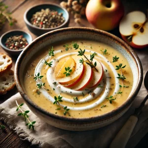 A beautifully plated bowl of Celeriac & Apple Soup, featuring a creamy, pale golden broth made with earthy celeriac and sweet apples. The soup is served in a rustic ceramic bowl, garnished with a swirl of cream, thin apple slices, and a sprinkle of fresh thyme leaves. The velvety texture contrasts with the crisp apple garnish. Accompanied by a slice of crusty bread on the side, the bowl rests on a wooden table with soft, natural lighting enhancing the warm and inviting presentation.