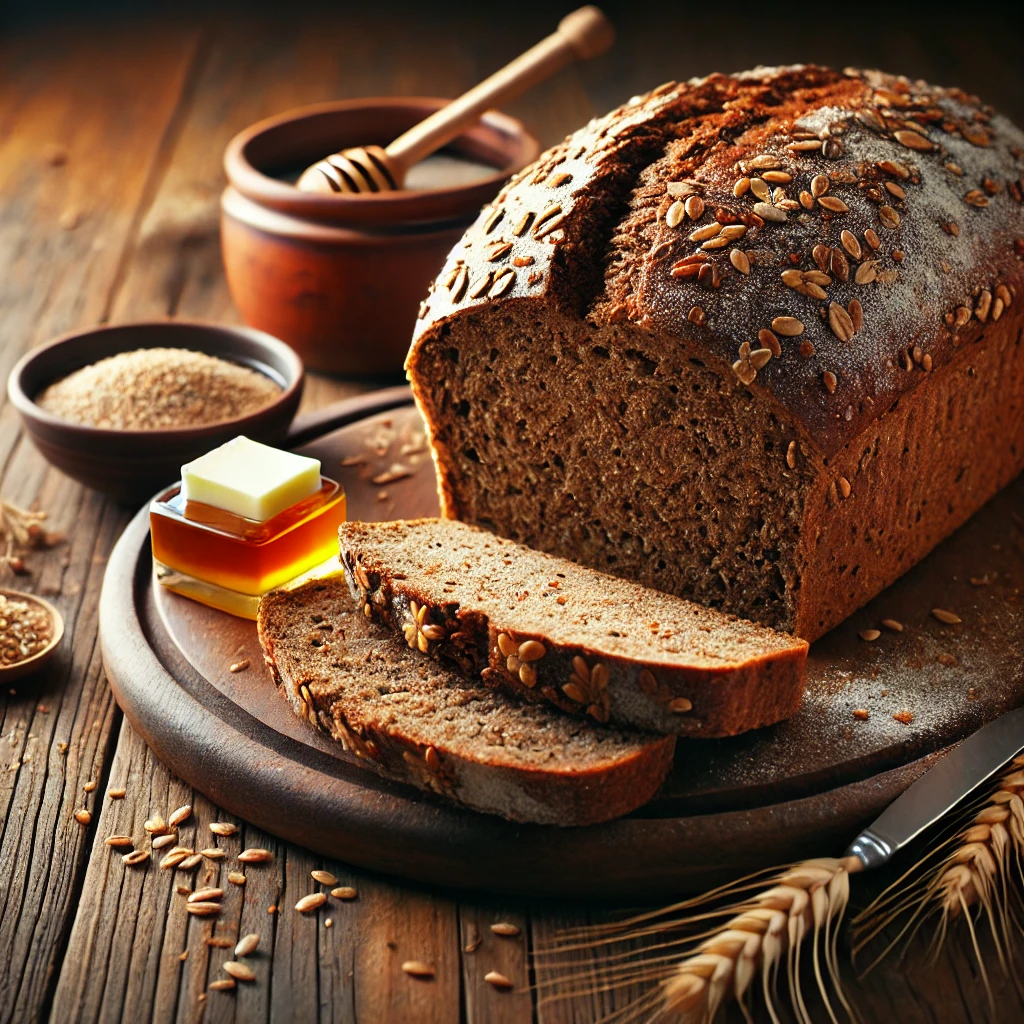 A beautifully plated loaf of Cereal Rye Bread served on a rustic wooden table. The bread has a deep brown crust with a hearty, slightly dense interior packed with a mix of rye grains and seeds. Topped with a sprinkle of mixed seeds and lightly dusted with flour. Sliced and arranged on a wooden cutting board, served with a side of butter and honey. The warm wooden table is more visible, providing a cozy and inviting setting.