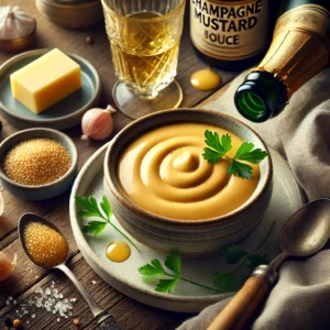 A small rustic ceramic bowl of champagne-mustard sauce sits on a wooden table. The sauce is smooth and creamy, light golden in color, and garnished with a drizzle of champagne reduction and a sprig of fresh parsley. Nearby are a bottle of champagne, a small dish of Dijon mustard, minced shallots, and a pat of butte