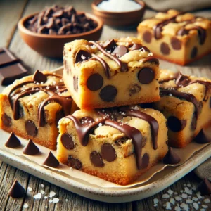 A plate of championship chocolate chip bars on a rustic wooden table, featuring a golden, chewy cookie base loaded with gooey, melted chocolate chips. Some bars are cut to reveal their soft, dense texture, drizzled with extra melted chocolate and sprinkled with sea salt flakes. Chocolate chips and cookie crumbs are scattered around, with soft natural lighting enhancing the warm, inviting tones.