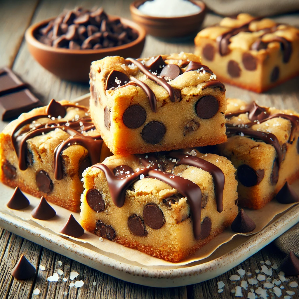 A plate of championship chocolate chip bars on a rustic wooden table, featuring a golden, chewy cookie base loaded with gooey, melted chocolate chips. Some bars are cut to reveal their soft, dense texture, drizzled with extra melted chocolate and sprinkled with sea salt flakes. Chocolate chips and cookie crumbs are scattered around, with soft natural lighting enhancing the warm, inviting tones.
