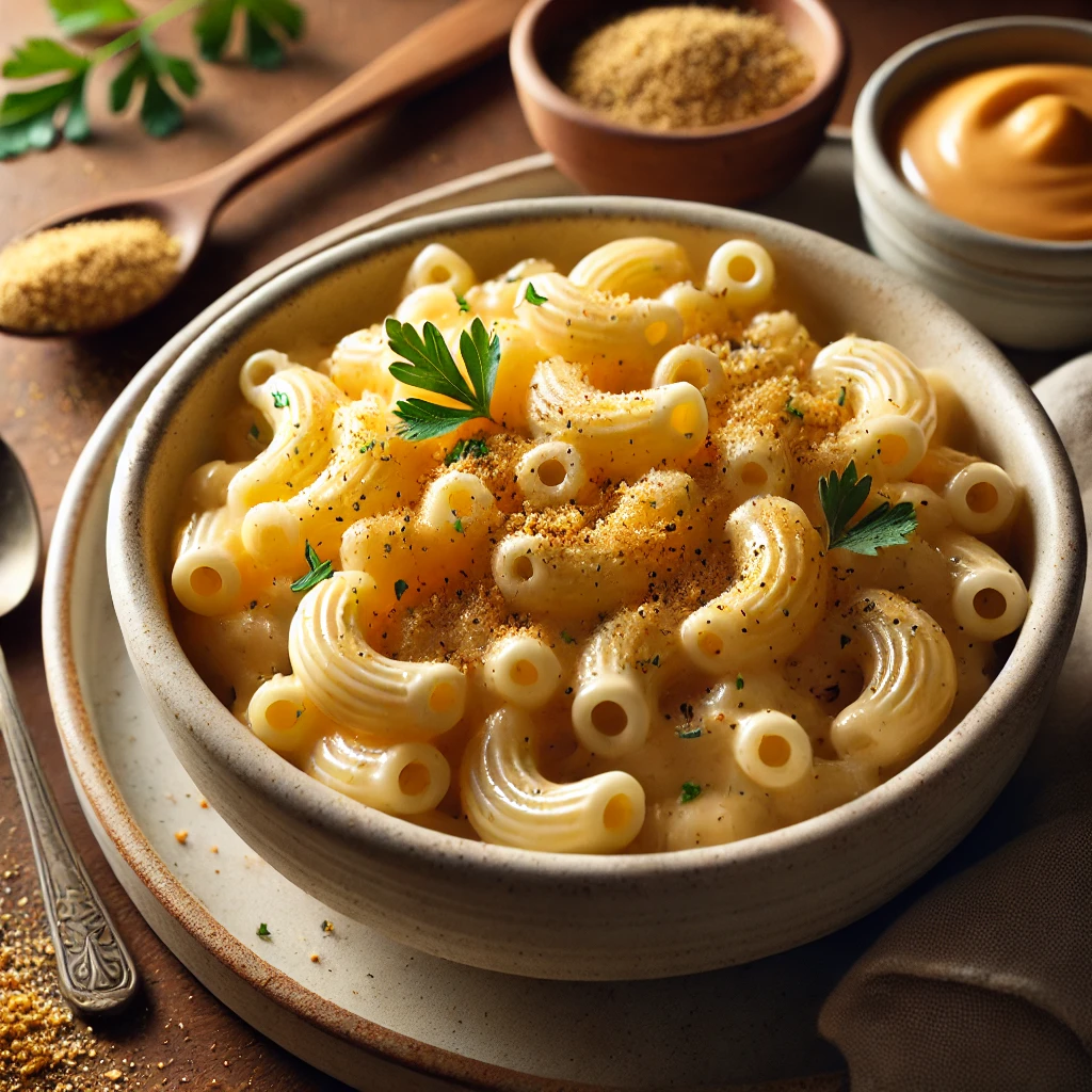 A rustic white ceramic bowl filled with creamy vegan mac and cheese, topped with breadcrumbs, cracked black pepper, and garnished with parsley, set on a wooden table with a bowl of cheese sauce and a spoon nearby.