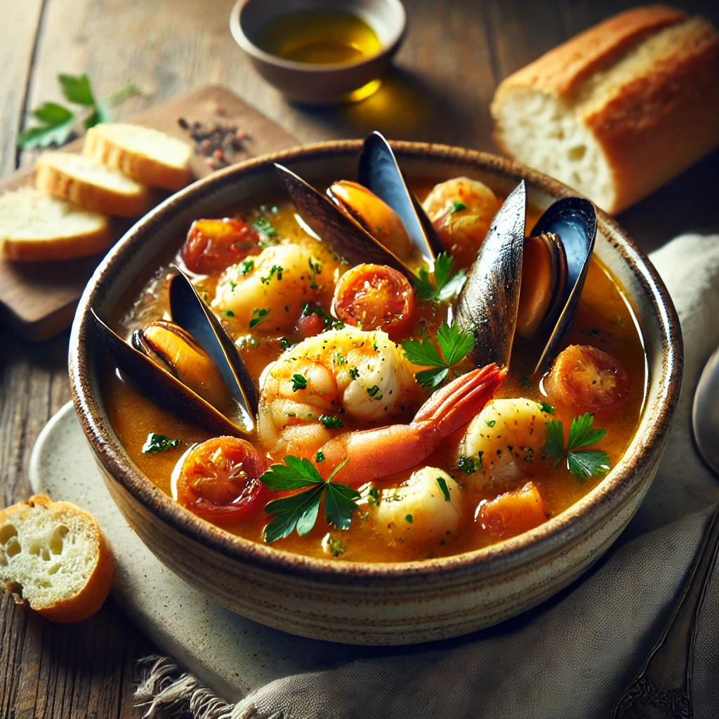 A beautifully plated bowl of cheat’s bouillabaisse, featuring a rich, golden seafood broth with tender pieces of white fish, shrimp, and mussels. The bowl rests on a wooden table with soft, natural lighting, emphasizing the warm and comforting presentation.