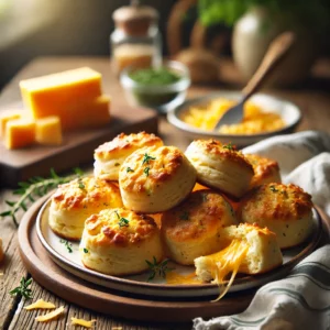 A plate of freshly baked cheese biscuits on a rustic wooden table, featuring golden brown biscuits with a flaky, buttery texture and melted cheese baked into the surface. Some are sprinkled with herbs or extra cheese for added flavor. A few biscuits are broken open to reveal their soft, cheesy interior. The plate rests on a wooden cutting board, with scattered cheese shreds, fresh herbs, and a small dish of butter nearby. Soft natural lighting enhances the warm, inviting tones.