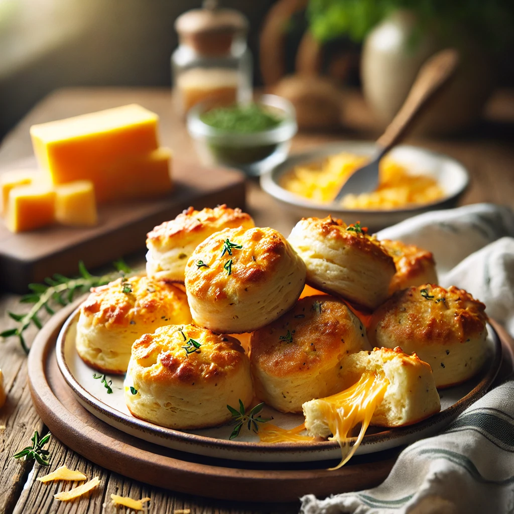 A plate of freshly baked cheese biscuits on a rustic wooden table, featuring golden brown biscuits with a flaky, buttery texture and melted cheese baked into the surface. Some are sprinkled with herbs or extra cheese for added flavor. A few biscuits are broken open to reveal their soft, cheesy interior. The plate rests on a wooden cutting board, with scattered cheese shreds, fresh herbs, and a small dish of butter nearby. Soft natural lighting enhances the warm, inviting tones.