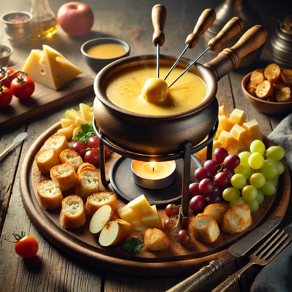A rustic presentation of cheese fondue, elegantly arranged on a wooden table. A pot of rich, melted cheese is placed at the center, with skewers dipping crusty bread cubes, apple slices, and vegetables into the creamy mixture. Around the fondue pot, an assortment of dipping items such as grapes, cherry tomatoes, and roasted potatoes are arranged on a wooden board. A drizzle of cheese on a dipped bread cube highlights the gooey texture. Soft natural lighting enhances the warm and inviting feel, with gentle shadows and a hint of rustic kitchen elements in the background.