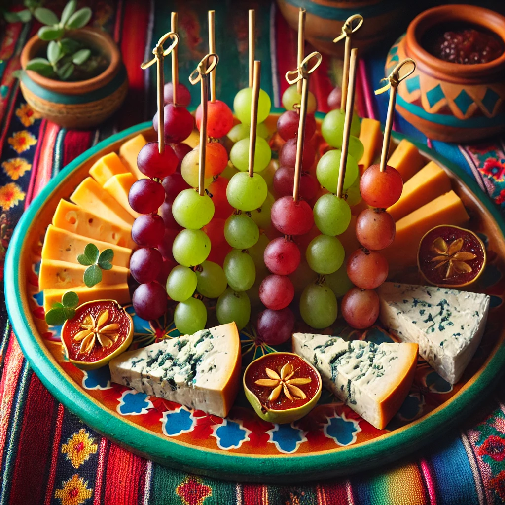 Cheeseboard sticks with halved red and green grapes, soft goat’s cheese, blue cheese, cheddar, and quince paste arranged on a colorful Mexican-style ceramic platter. The setting includes vibrant Mexican textiles and small pottery bowls, with warm lighting enhancing the rich colors and textures, creating a cozy and festive appetizer presentation.