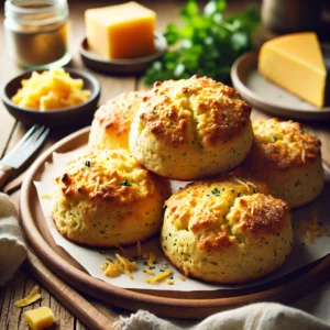 A plate of freshly baked cheese scones on a rustic wooden table, featuring golden brown scones with a slightly crisp exterior and a soft, fluffy interior infused with melted cheese. Some are sprinkled with extra cheese or fresh herbs for added flavor. A few scones are broken open to reveal their warm, cheesy crumb. The plate rests on a wooden cutting board, with scattered cheese shreds, fresh herbs, and a small dish of butter nearby. Soft natural lighting enhances the warm, inviting tones.