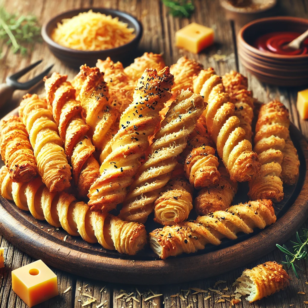 A plate of freshly baked cheese straws on a rustic wooden table, featuring golden brown, crispy, and twisted pastry with flaky layers of melted cheese. Some are sprinkled with sesame seeds or paprika for extra flavor. A few cheese straws are broken to reveal their crunchy texture. The plate rests on a wooden cutting board, with scattered cheese shavings, fresh herbs, and a small dish of dipping sauce nearby. Soft natural lighting enhances the warm, inviting tones.