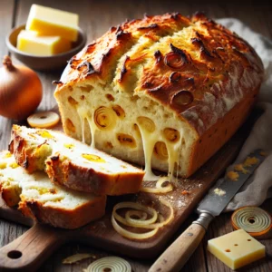 A freshly baked cheese and onion soda bread on a rustic wooden table, featuring a golden-brown, crusty exterior with melted cheese bubbling on the surface. A few slices are cut to reveal the soft, airy interior, speckled with caramelized onions and bits of cheese. The loaf rests on a wooden cutting board, with scattered cheese shreds, onion slices, and a butter knife nearby. Soft natural lighting enhances the warm, savory tones.