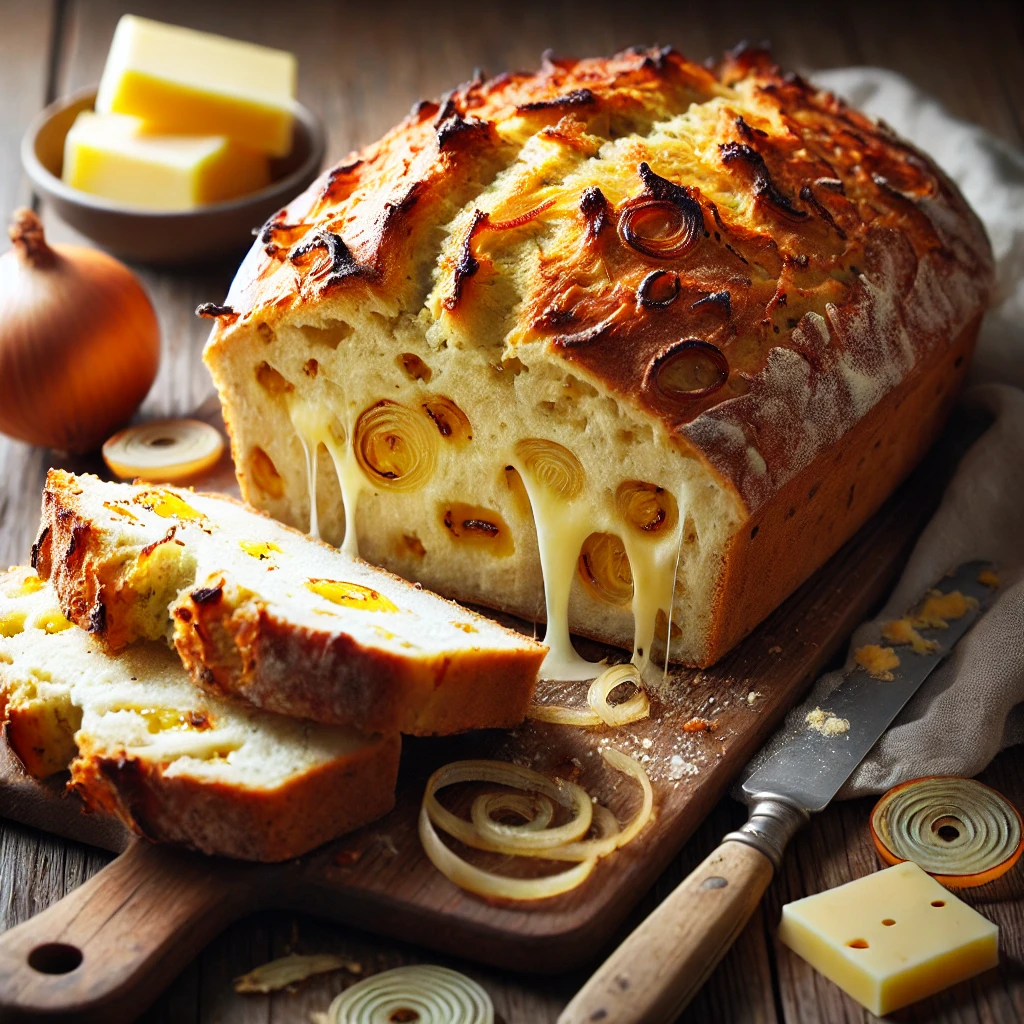 A freshly baked cheese and onion soda bread on a rustic wooden table, featuring a golden-brown, crusty exterior with melted cheese bubbling on the surface. A few slices are cut to reveal the soft, airy interior, speckled with caramelized onions and bits of cheese. The loaf rests on a wooden cutting board, with scattered cheese shreds, onion slices, and a butter knife nearby. Soft natural lighting enhances the warm, savory tones.