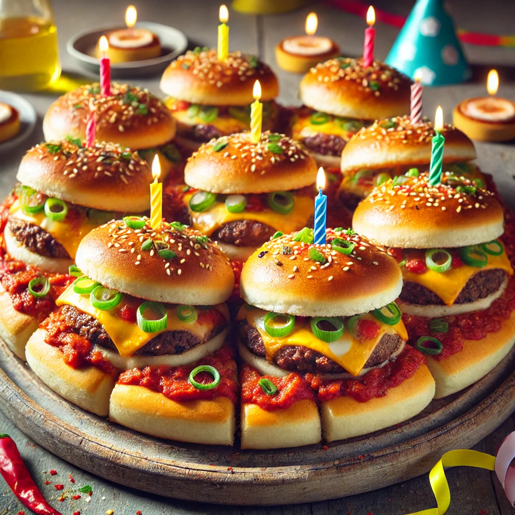 A fun and appetizing Birthday Party Cheeseburger Pizza, showcasing halves of burger buns topped with marinara sauce, ground beef, chopped spring onions, and melted mozzarella cheese. The pizzas are golden and bubbly, served on a rustic wooden platter with a festive ambiance, colorful decorations, and a sprinkle of red pepper flakes, creating a playful and delicious presentation perfect for celebrations.