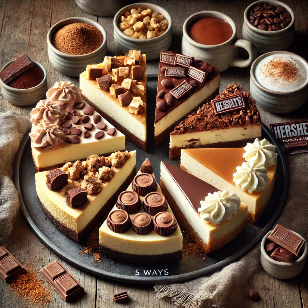 A platter of Cheesecake 5 Ways on a rustic wooden table, featuring five variations: classic vanilla, chocolate, toffee bits, chocolate chip, and mocha cheesecake. Each slice is topped with its signature garnish, such as chocolate shavings, toffee bits, or mini chocolate chips. Scattered cocoa powder, coffee beans, and graham cracker crumbs add to the cozy, homemade feel. Soft natural lighting enhances the creamy textures and rich flavors.