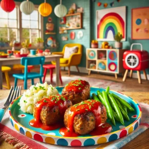A colorful presentation of mini meatloaves topped with a shiny tomato glaze, served on a patterned plate alongside mashed potatoes and steamed green beans. The dish is displayed on a lively table setup in a bright, family-friendly kitchen with playful decor and modern touches.