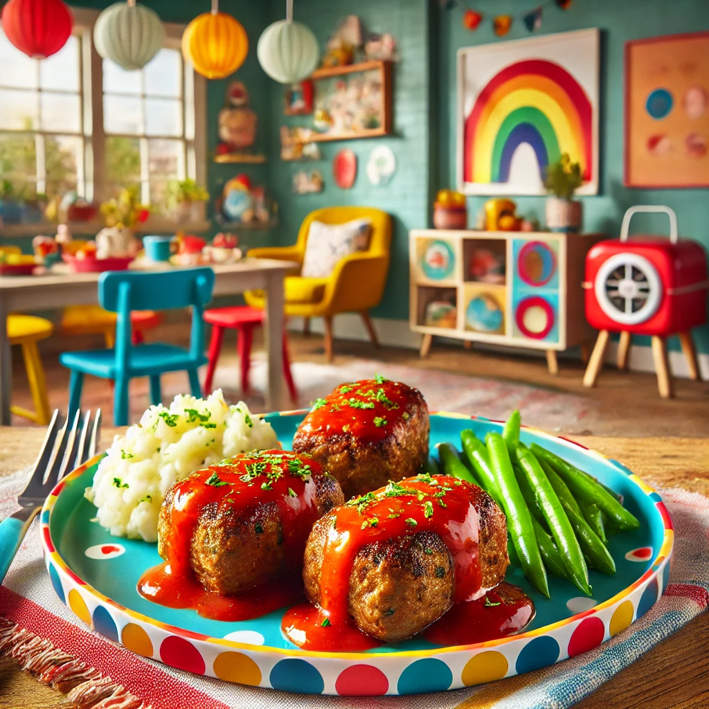 A colorful presentation of mini meatloaves topped with a shiny tomato glaze, served on a patterned plate alongside mashed potatoes and steamed green beans. The dish is displayed on a lively table setup in a bright, family-friendly kitchen with playful decor and modern touches.
