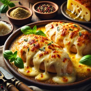 A realistic and inviting presentation of Cheesy Baked Chicken with Mozzarella, featuring golden-brown chicken breasts topped with bubbly, melted mozzarella cheese. The dish is garnished with fresh basil leaves and served on a rustic ceramic plate, placed on a warm wooden table with small bowls of grated cheese and spices nearby. Soft natural lighting highlights the rich, cheesy texture and comforting appeal of the meal.