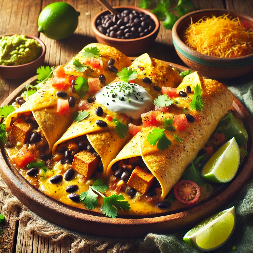 Golden, crispy baked tofu chimichangas stuffed with tofu, black beans, and vegan cheese, garnished with cilantro, diced tomatoes, and vegan sour cream, served with lime wedges and guacamole on a rustic wooden plate.