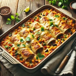 Ultra-sharp image of golden brown tortillas filled with vegetables, beans, and rice, baked with bubbling melted cheese, garnished with cilantro. Served in a rectangular ceramic dish on a rustic wooden dining table with serving spoon and linen napkin, captured in bright natural light.
