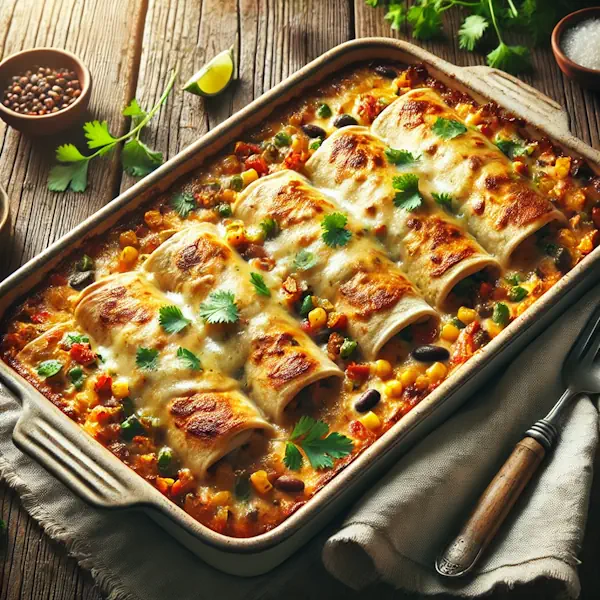 Ultra-sharp image of golden brown tortillas filled with vegetables, beans, and rice, baked with bubbling melted cheese, garnished with cilantro. Served in a rectangular ceramic dish on a rustic wooden dining table with serving spoon and linen napkin, captured in bright natural light.