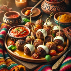 Golden-brown beef meatballs with melted mozzarella centers, each on a mini skewer, arranged on a colorful Mexican-style ceramic platter. A rich tomato and basil dipping sauce is served in a small rustic bowl nearby, surrounded by vibrant textiles and pottery. Warm natural lighting enhances the textures of the meatballs and the smooth sauce, creating an inviting, festive atmosphere.