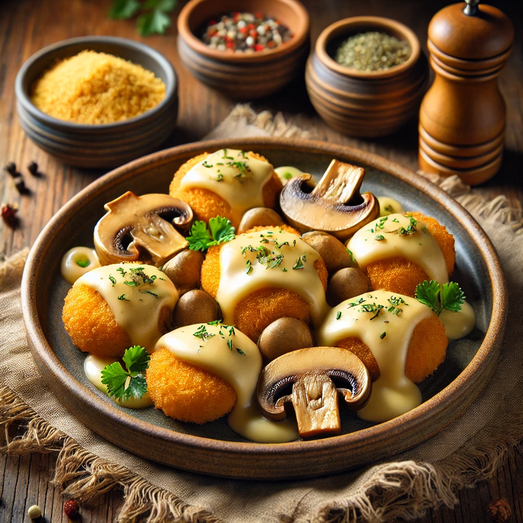 Crispy, golden-brown beef nuggets paired with tender button mushrooms topped with melted Swiss cheese, garnished with fresh herbs and served on a rustic ceramic plate for a warm and inviting presentation