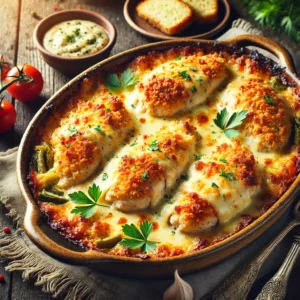 A cheesy breaded chicken bake served in a rustic ceramic dish. The chicken breasts are coated in crispy golden breadcrumbs and topped with melted, bubbling cheese, garnished with fresh parsley. The dish is paired with roasted vegetables and set on a rustic wooden table, accompanied by a serving spoon, slices of garlic bread, and a small bowl of dipping sauce. Warm natural light highlights the golden crust and melted cheese, creating an inviting and cozy presentation.