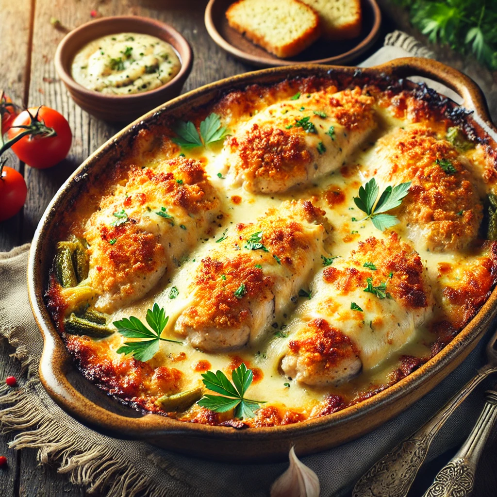 A cheesy breaded chicken bake served in a rustic ceramic dish. The chicken breasts are coated in crispy golden breadcrumbs and topped with melted, bubbling cheese, garnished with fresh parsley. The dish is paired with roasted vegetables and set on a rustic wooden table, accompanied by a serving spoon, slices of garlic bread, and a small bowl of dipping sauce. Warm natural light highlights the golden crust and melted cheese, creating an inviting and cozy presentation.