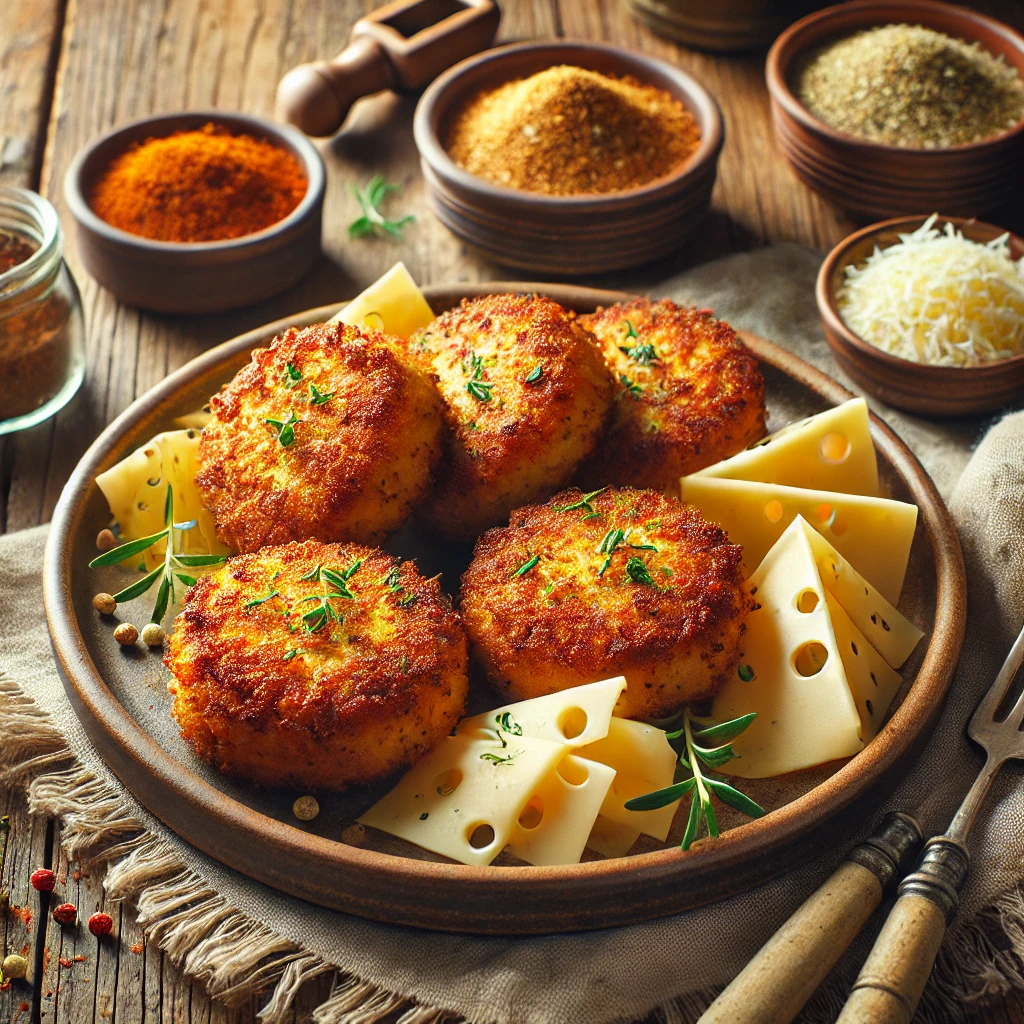 Golden-brown Cajun fish cakes garnished with fresh herbs, served on a rustic ceramic plate with small bowls of Cajun seasoning and shredded cheese, illuminated by soft natural lighting for an inviting and flavorful presentation.