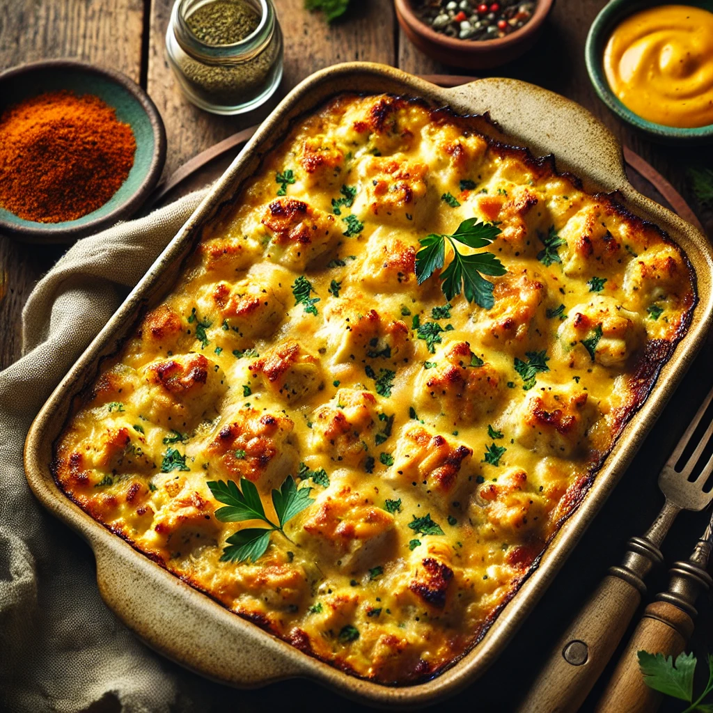 A rustic ceramic baking dish of Cheesy Chicken Delight featuring plant-based chicken in a golden, bubbly vegan cheese sauce, garnished with parsley and paprika, set on a wooden table with a bowl of cheese sauce and a spoon nearby.