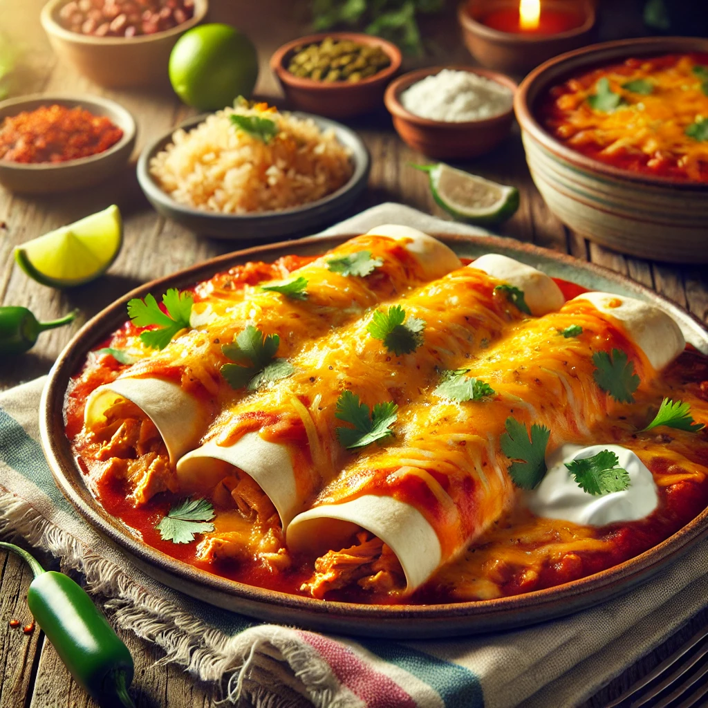 Soft tortillas filled with seasoned shredded chicken, smothered in rich red enchilada sauce, topped with melted cheddar cheese, and garnished with fresh cilantro and sour cream.