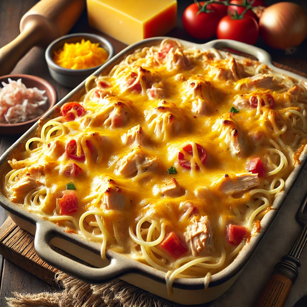 Creamy, cheesy spaghetti casserole with shredded chicken, Rotel tomatoes, and melted Velveeta, topped with golden melted Cheddar, served in a rustic casserole dish.