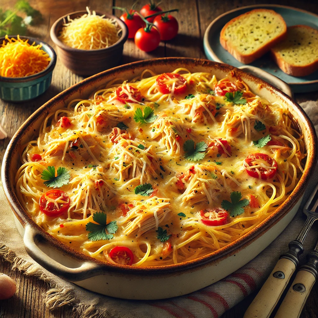 A cheesy chicken spaghetti dish with Rotel tomatoes in a rustic ceramic baking dish. The creamy spaghetti is mixed with shredded chicken and colorful red and green Rotel tomatoes, topped with melted golden cheese and garnished with fresh cilantro. Set on a rustic wooden table, the dish is accompanied by a serving spoon, garlic bread, and a side salad. Warm natural light enhances the creamy textures, vibrant colors, and cozy, appetizing presentation.