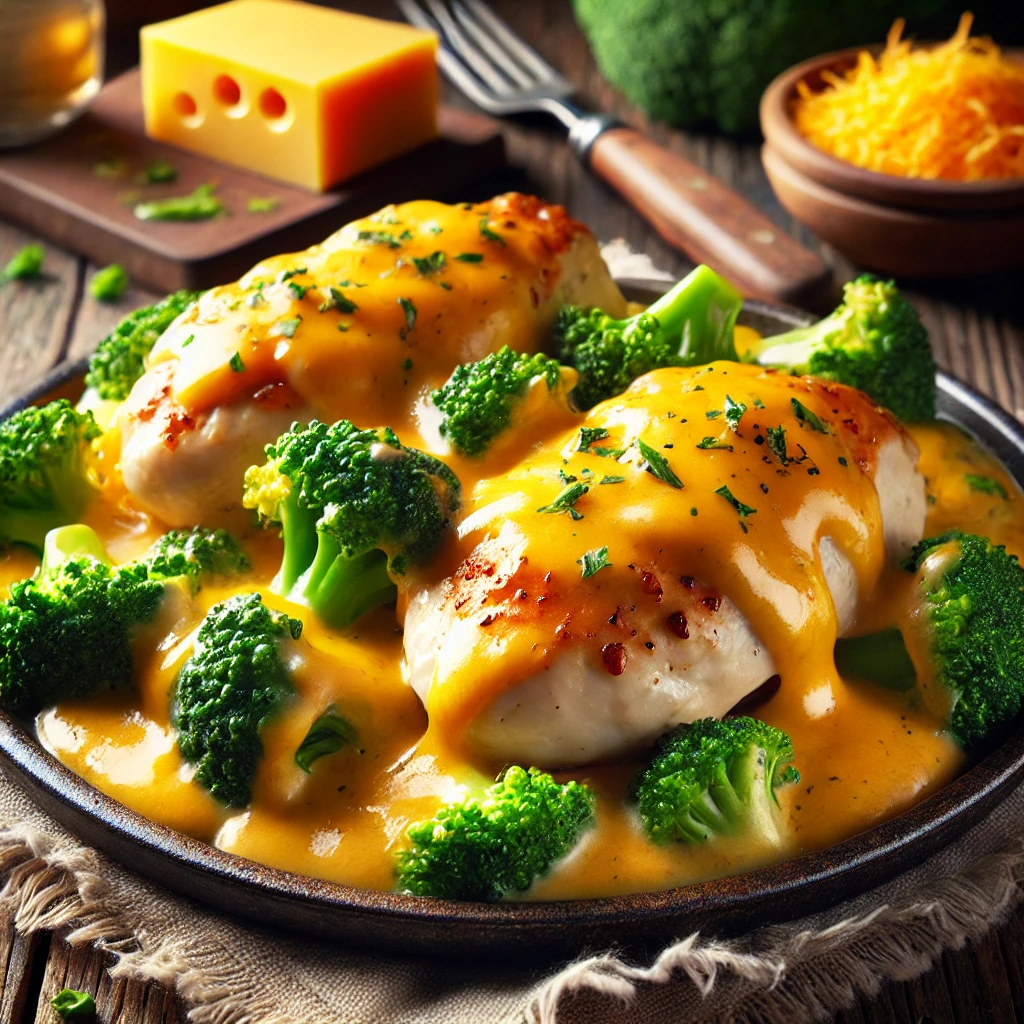 Tender golden-brown chicken smothered in a rich, creamy cheese sauce, paired with vibrant green broccoli florets, served on a rustic wooden table.