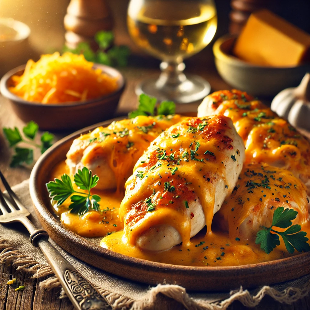 Cheesy Chicken on a rustic ceramic plate, featuring golden-brown chicken breasts smothered in a rich, melted cheese sauce with garlic and herbs. Garnished with parsley and shredded cheddar, set on a wooden table with a bowl of extra cheese and a glass of white wine in the softly blurred background.