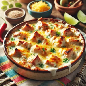 A rustic ceramic dish filled with a cheesy creamy pork casserole, with golden, melted cheese bubbling on top and garnished with fresh herbs. The dish sits on a colorful woven placemat with lime wedges and fresh chili slices in small bowls, giving it a vibrant Mexican-inspired look. The lighting is soft and natural, highlighting the warm tones of the casserole and the freshness of the garnishes.