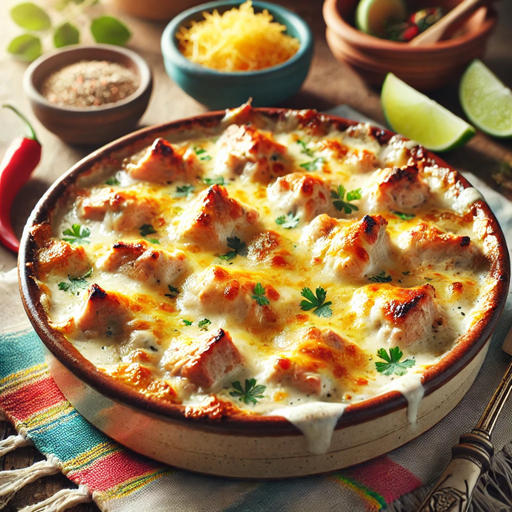 A rustic ceramic dish filled with a cheesy creamy pork casserole, with golden, melted cheese bubbling on top and garnished with fresh herbs. The dish sits on a colorful woven placemat with lime wedges and fresh chili slices in small bowls, giving it a vibrant Mexican-inspired look. The lighting is soft and natural, highlighting the warm tones of the casserole and the freshness of the garnishes.
