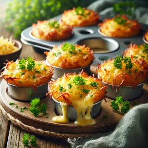 A plate of golden, crispy cheesy herb–hash brown cups, baked in muffin tins, filled with melted cheese and fresh herbs, garnished with chopped parsley on a rustic wooden table. Some cups are cut open to reveal a gooey, cheesy center, with a cozy napkin and wooden plate enhancing the warm, inviting atmosphere.