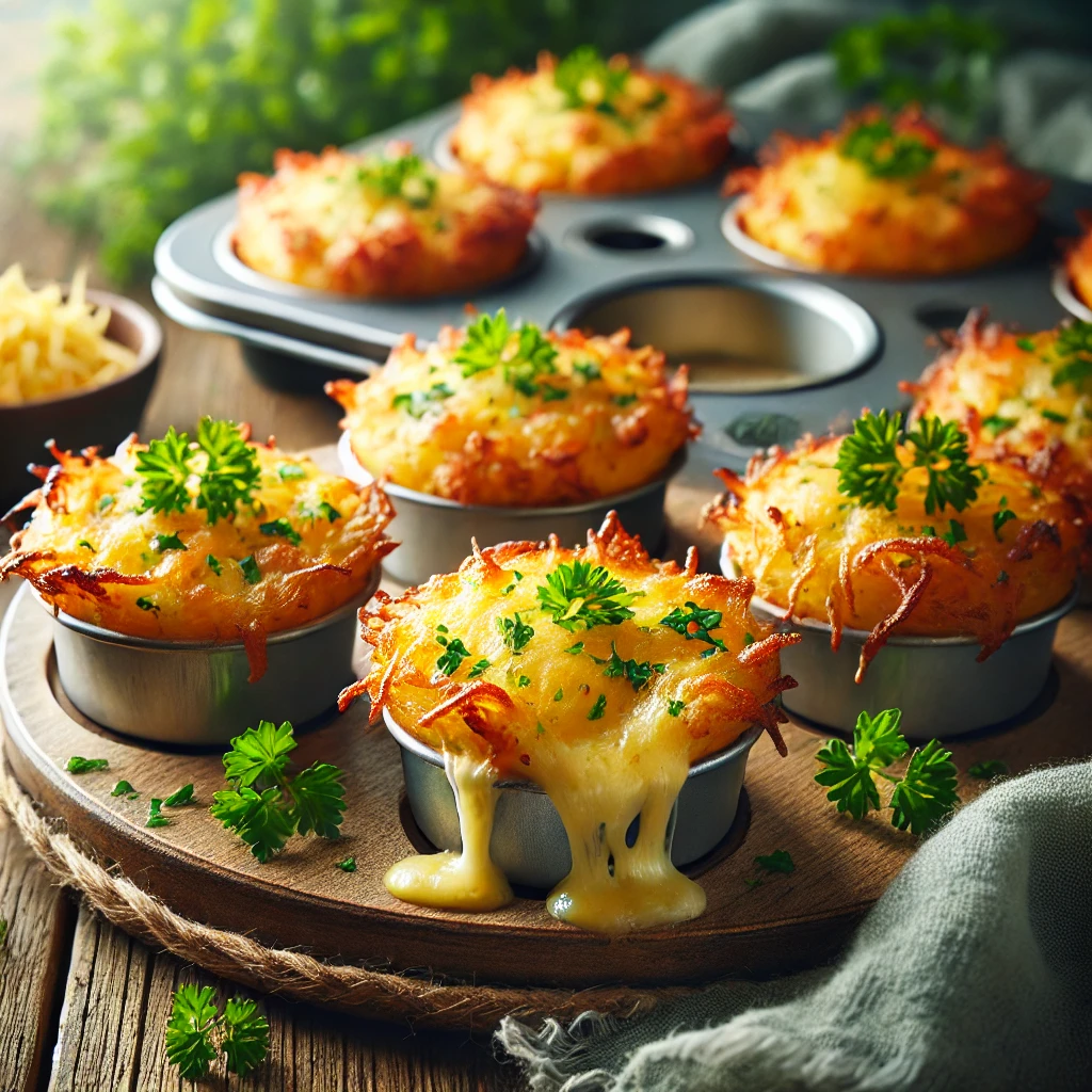 A plate of golden, crispy cheesy herb–hash brown cups, baked in muffin tins, filled with melted cheese and fresh herbs, garnished with chopped parsley on a rustic wooden table. Some cups are cut open to reveal a gooey, cheesy center, with a cozy napkin and wooden plate enhancing the warm, inviting atmosphere.