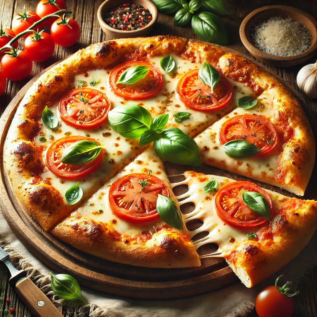 A rustic presentation of cheesy Margherita pizza, elegantly arranged on a wooden table. The pizza has a golden, crispy crust topped with melted mozzarella cheese, fresh tomato slices, and vibrant basil leaves. The cheese is slightly bubbly and browned in spots, enhancing its irresistible texture. A few slices are cut and placed on a wooden cutting board, showcasing the gooey cheese pull. Scattered around are fresh basil sprigs, cherry tomatoes, and a drizzle of olive oil. Soft natural lighting enhances the warm and inviting feel, with gentle shadows and a hint of rustic kitchen elements in the background.