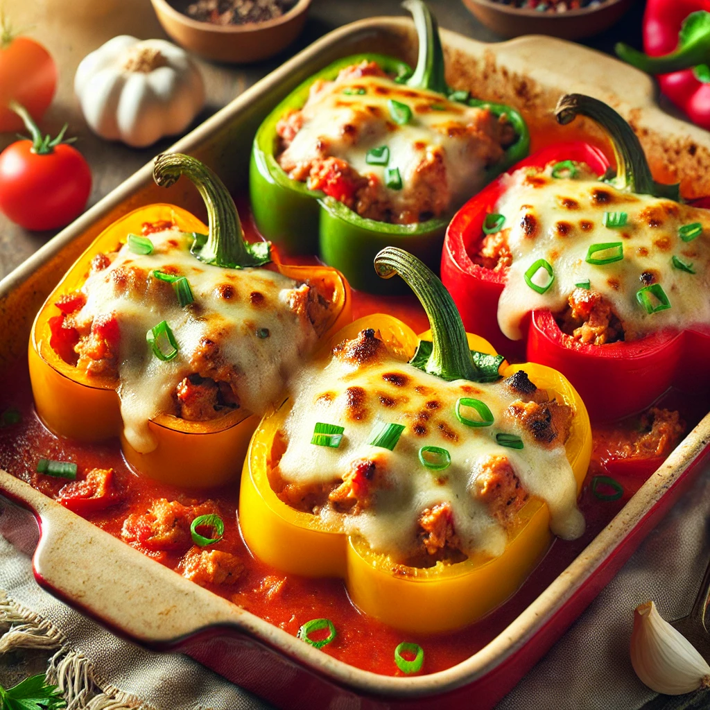 Colorful bell peppers (red, yellow, and green) stuffed with a savory mixture of ground pork, scallions, garlic, and tomatoes, topped with melted Monterey Jack cheese. The peppers are arranged in a baking dish with a rich tomato sauce, garnished with fresh herbs. Natural lighting highlights the vibrant colors and textures, creating a cozy and appetizing presentation.
