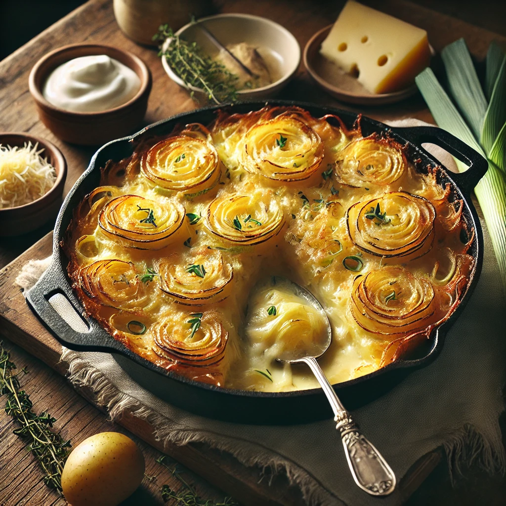 A rustic presentation of cheesy potatoes and leeks, elegantly arranged on a wooden table. The dish features tender, thinly sliced potatoes layered with sautéed leeks and melted cheese, baked to golden perfection in a cast-iron skillet. A serving spoon rests inside, revealing the creamy, cheesy layers. Scattered around are fresh thyme sprigs, shredded cheese, and a small dish of cream. Soft natural lighting enhances the warm and comforting feel, with gentle shadows and a hint of rustic kitchen charm in the background.