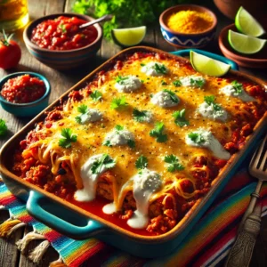 A taco casserole featuring layers of seasoned ground pork and beef, tomato puree, and a golden, cheesy topping made with cottage cheese and Cotija cheese. The dish is garnished with fresh herbs and served in a rustic casserole dish, accompanied by salsa and lime wedges on a colorful Mexican-inspired table with warm natural lighting.