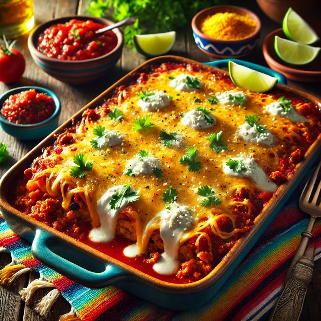 A taco casserole featuring layers of seasoned ground pork and beef, tomato puree, and a golden, cheesy topping made with cottage cheese and Cotija cheese. The dish is garnished with fresh herbs and served in a rustic casserole dish, accompanied by salsa and lime wedges on a colorful Mexican-inspired table with warm natural lighting.