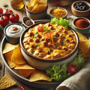 A rustic ceramic bowl filled with creamy cheesy taco dip, topped with chunks of sausage, chopped tomatoes, melted CoJack cheese, shredded lettuce, and a sprinkle of chili powder. Surrounding the bowl are small dishes of sour cream, chopped tomatoes, sliced black olives, diced avo