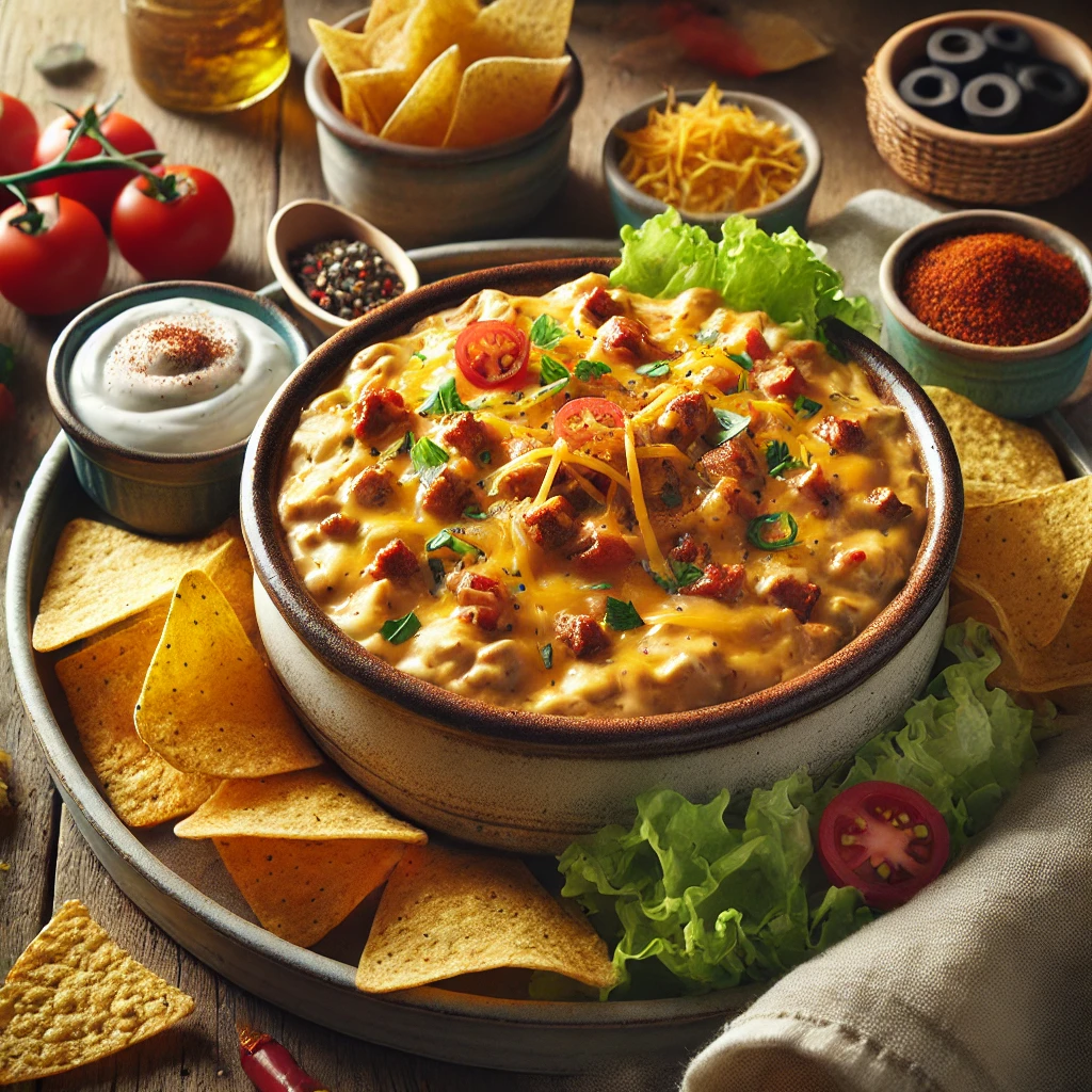 A rustic ceramic bowl filled with creamy cheesy taco dip, topped with chunks of sausage, chopped tomatoes, melted CoJack cheese, shredded lettuce, and a sprinkle of chili powder. Surrounding the bowl are small dishes of sour cream, chopped tomatoes, sliced black olives, diced avo